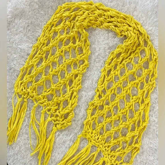 Hand Crafted Yellow Year Round Cotton Knit Chunky Lace Scarf With Tassels - Picture 1 of 5